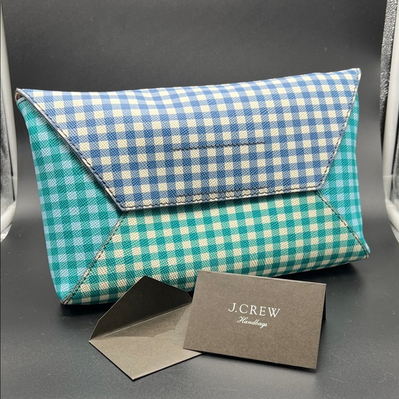 J. Crew Checkered Clutch - Blue and Green Coated Leather NEW - Picture 11 of 14